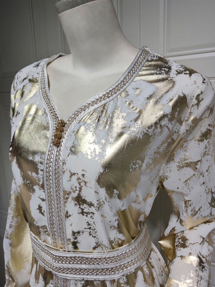 BamBam Spring Golden Printed White V-neck Long Middle East Dubai Muslim Dresses - BamBam