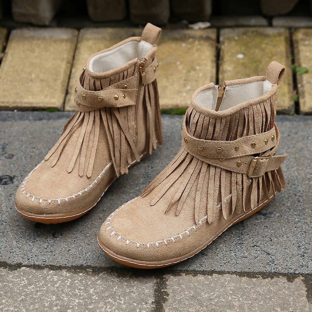 BamBam Utumn Side Zipper Short Boots For Women Double Layer Tassel Boots Women's Thangka Shoes Flat Bean Shoes - BamBam