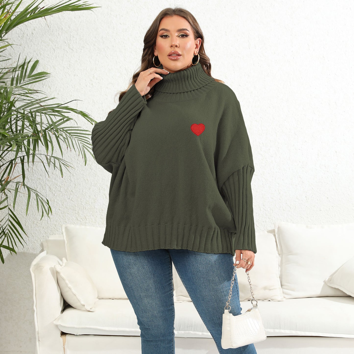 BamBam Heart Print Sticker Plus Size Women's Solid Turtleneck Woven Sweater Oversized Pullover Women's Top - BamBam