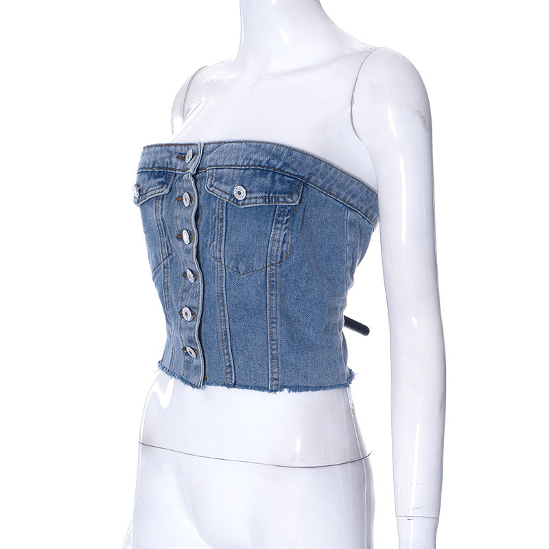 BamBam Women's Summer Fashion Street Trend Denim Elastic Wrap Button Top - BamBam