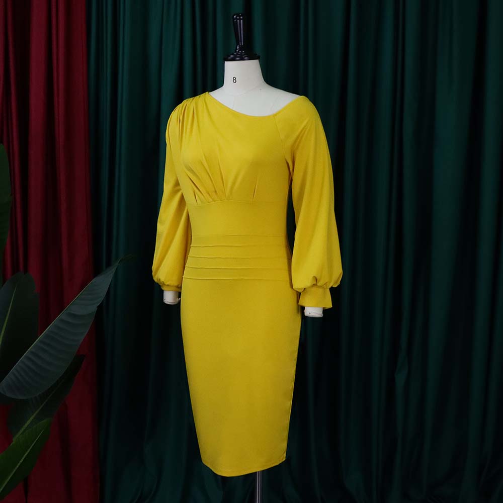 BamBam Women Spring Yellow Modest Slash Neck Full Sleeves Solid Pleated Midi Pencil Office Dress - BamBam