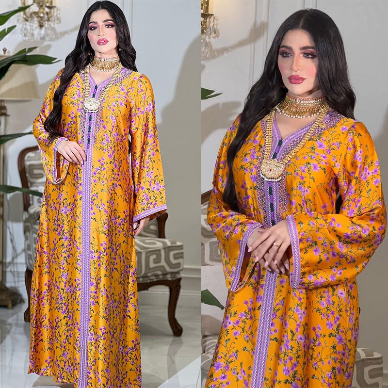 BamBam Abaya Muslim Fashion Print Beaded Dress Dubai Jalabiya For Women - BamBam