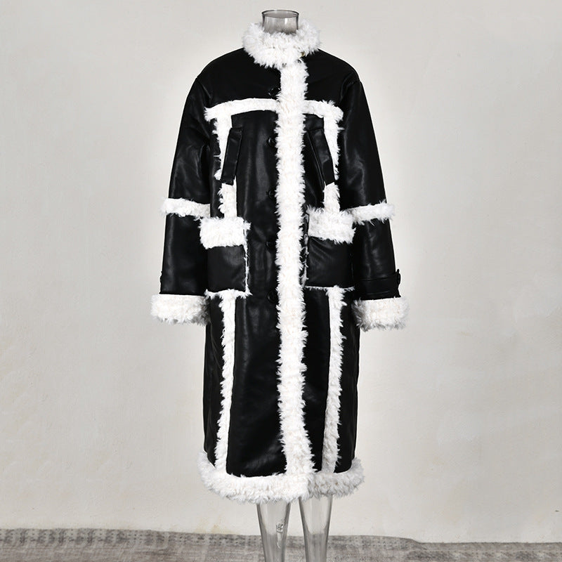 BamBam Fur Long Coat Street Lamb Wool Patchwork Winter Leather Coat Women's Trendy High-Quality Warm Jacket - BamBam
