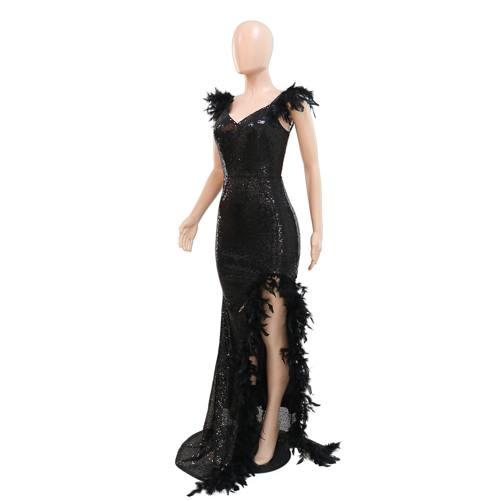 BamBam Sexy Feather Straps High Slit Sequin Low Back V-Neck Party Nightclub Style Dress - BamBam Clothing Clothing