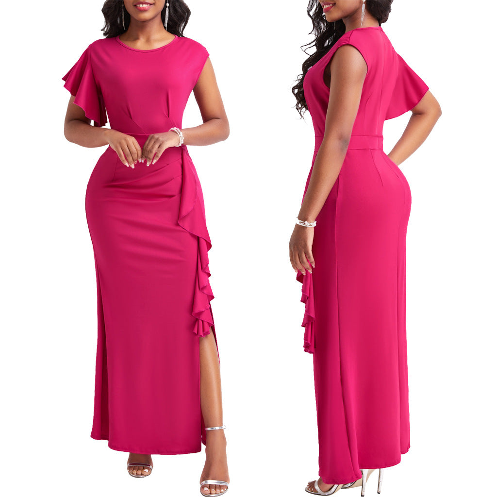 BamBam Sexy Fashion Solid Color Round Neck Ruffle Women's Dress - BamBam Clothing