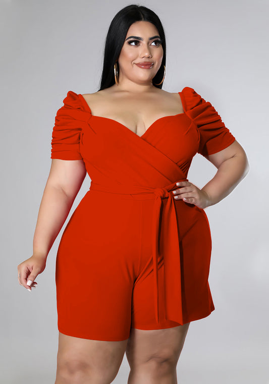 Women Summer Orange Casual Square Collar Short Sleeves Solid Belted Short Regular Plus Size Jumpsuit