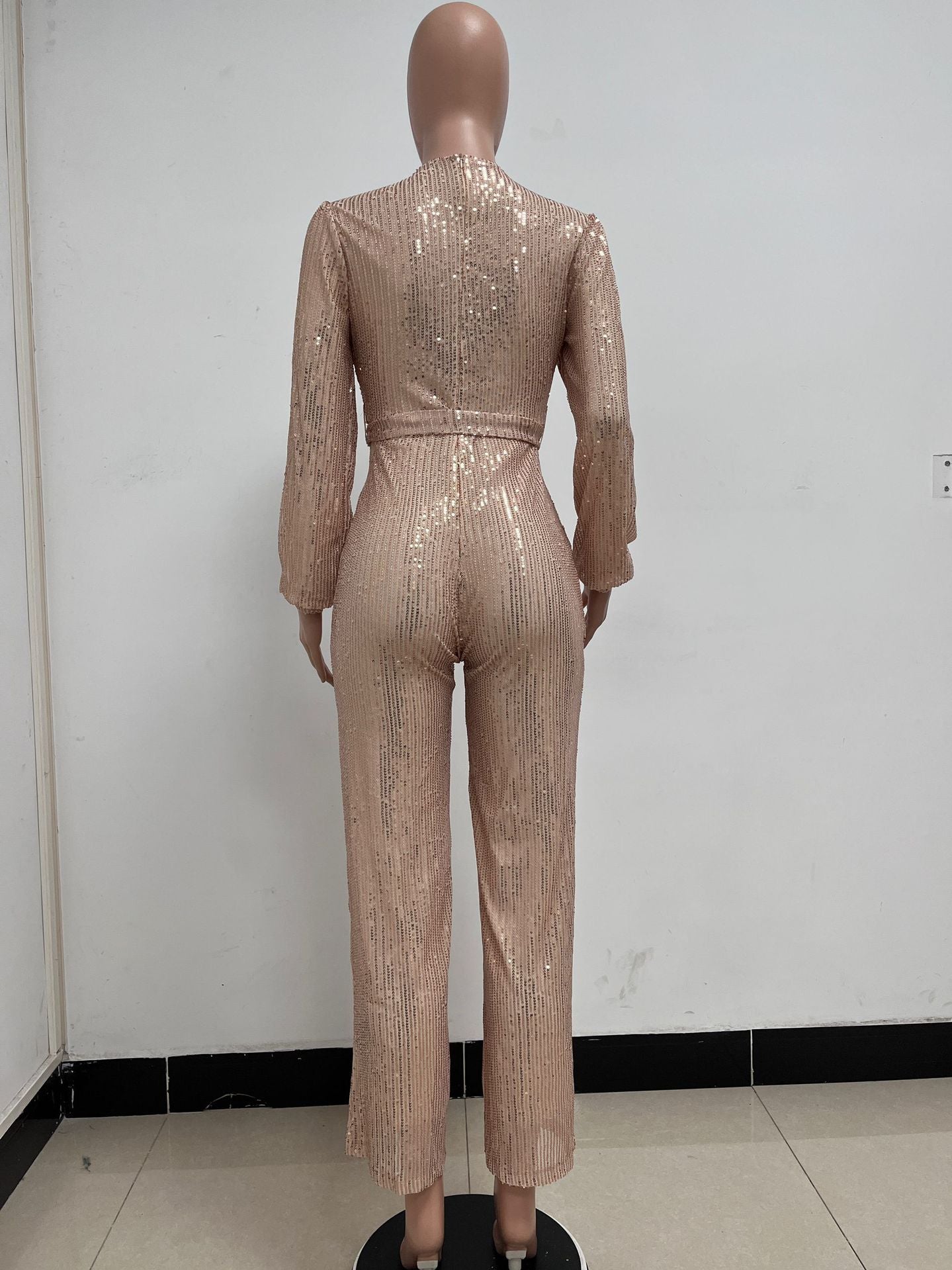 BamBam Fashion Casual Long Sleeve Belt Ladies Sequin Jumpsuit Premium Women's Clothing - BamBam Clothing
