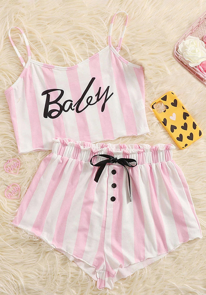 Women Letter striped camisole and shorts loungewear two-piece set