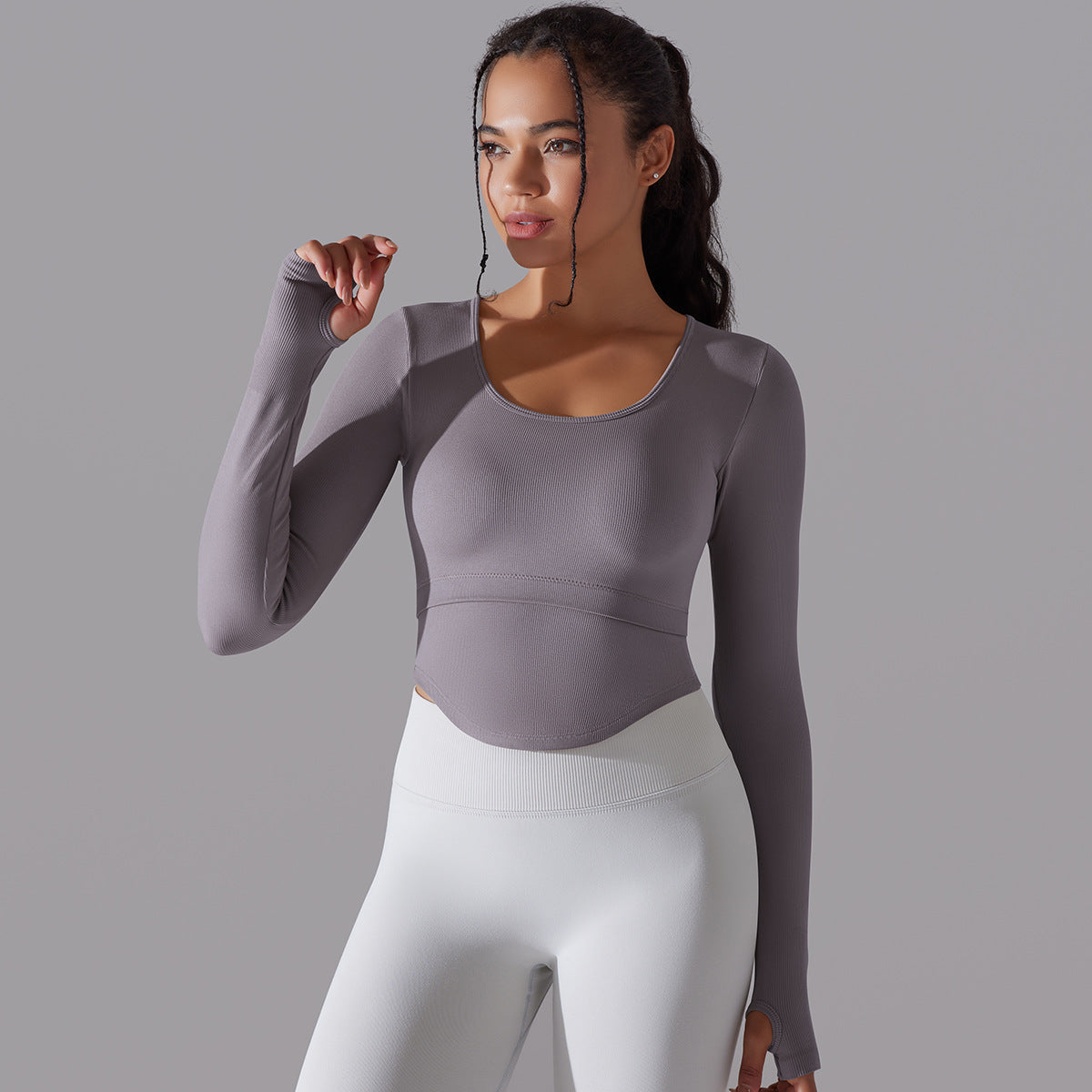 BamBam Seamless Knitting Solid Color Ribbed Sports Yoga Long-Sleeved Running Fitness Yoga Tops For Women - BamBam