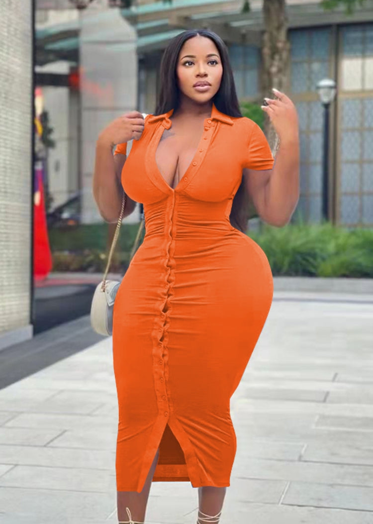 BamBam Women Summer Orange Casual Turn-down Collar Short Sleeves Solid Button Midi Sheath Plus Size Long Dress - BamBam