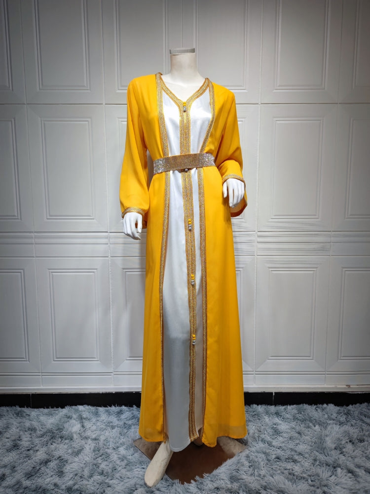 BamBam Women Spring Yellow Tape Belted Islamic Clothing Kaftan Abaya Muslim Dress two piece set - BamBam