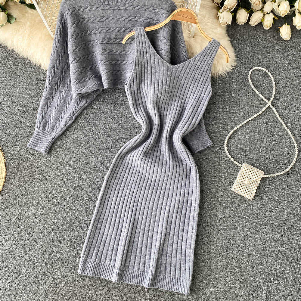 BamBam Women French sexy Bodycon Strap Dress +and loose knitting sweater two-piece set - BamBam