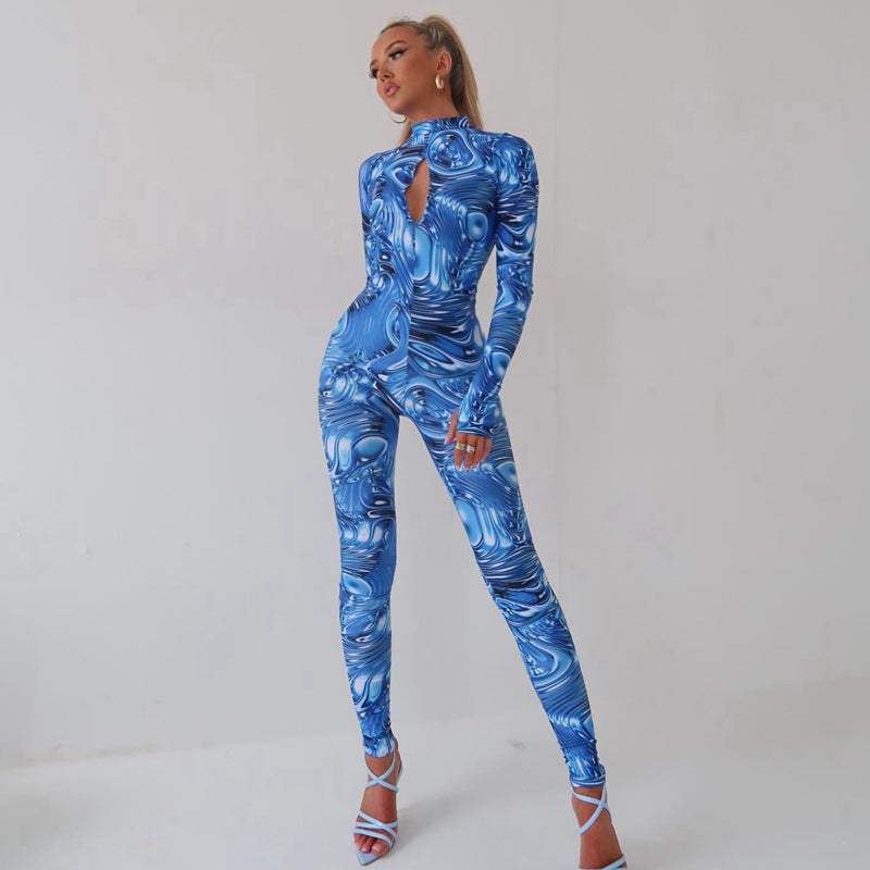 BamBam Women Hollow Long Sleeve Backless Printed Jumpsuit - BamBam Clothing