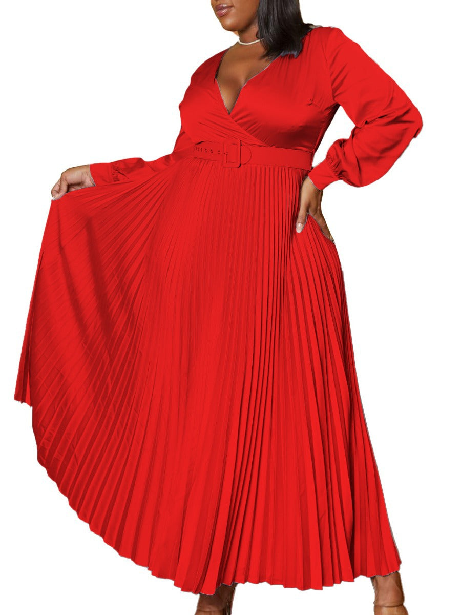 BamBam Plus Size Women's V Neck Fashion Chic Solid Color Pleated Dress - BamBam
