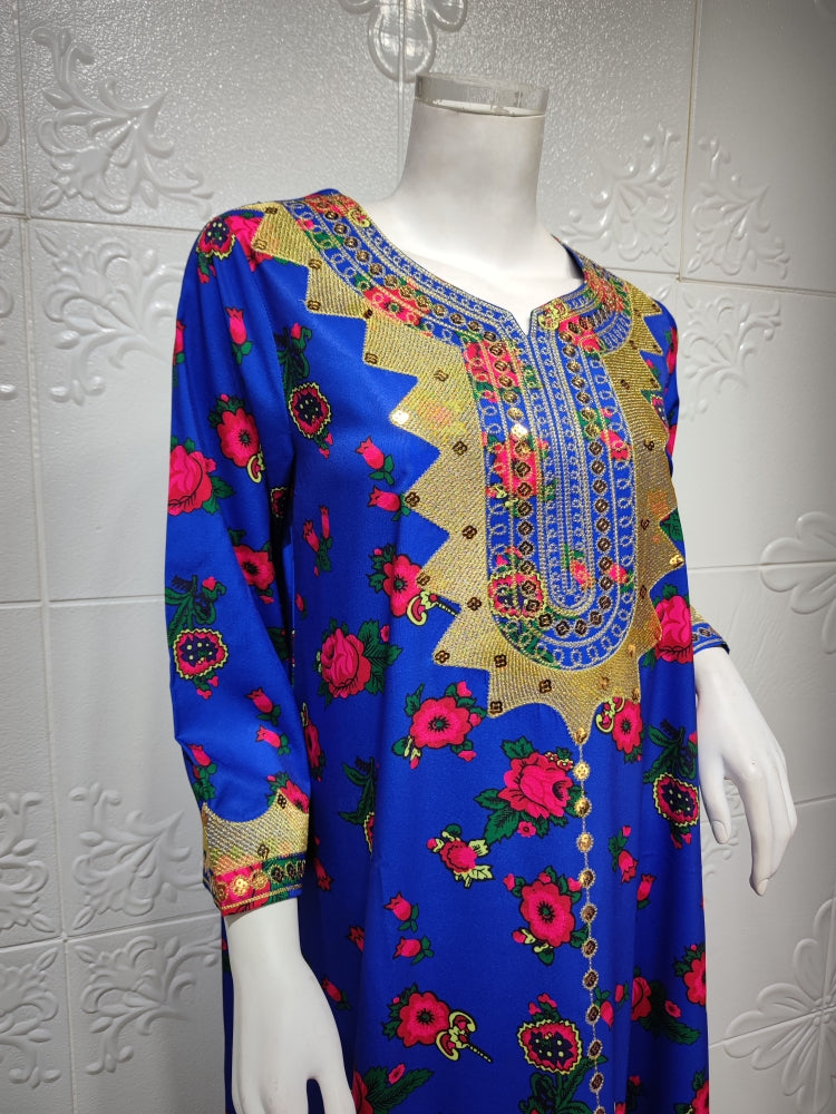 BamBam Women Spring Blue Arab Dubai Middle East Turkey Morocco Floral Print Islamic Clothing Kaftan Abaya Muslim Dress - BamBam