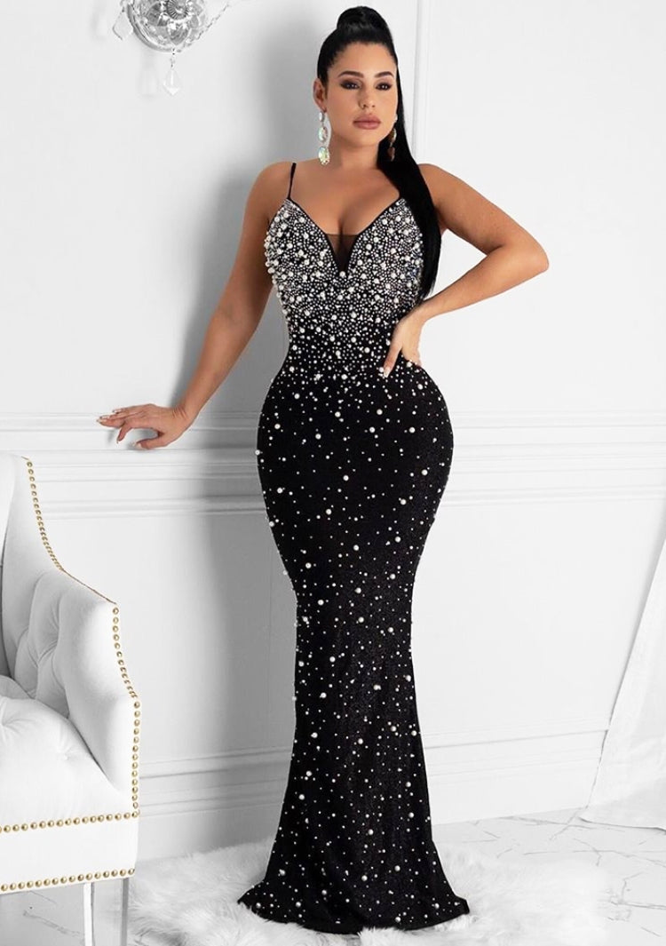 BamBam Women Summer Black Formal Strap Sleeveless Beading Mermaid Backless Evening Dress - BamBam Clothing