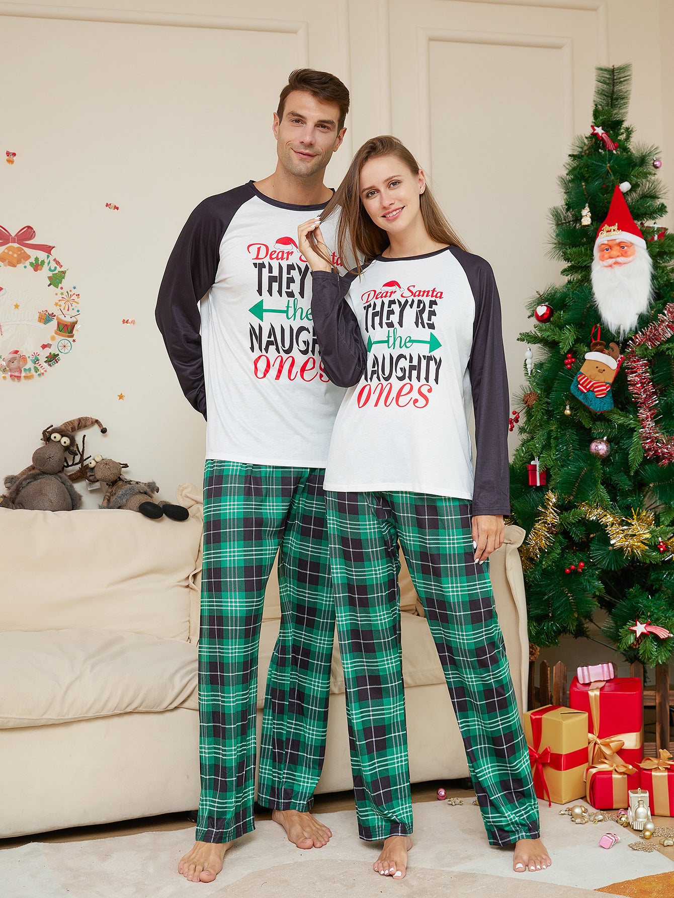 BamBam Christmas Family Wear Letter Green Plaid Print Home Clothes Pajama Two-piece Set - BamBam