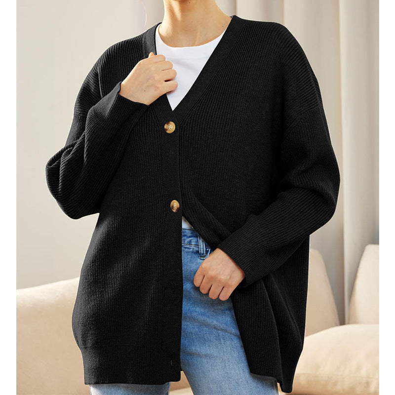 BamBam Knitting Cardigan Women's Button V-Neck Solid Color Sweater For Women - BamBam