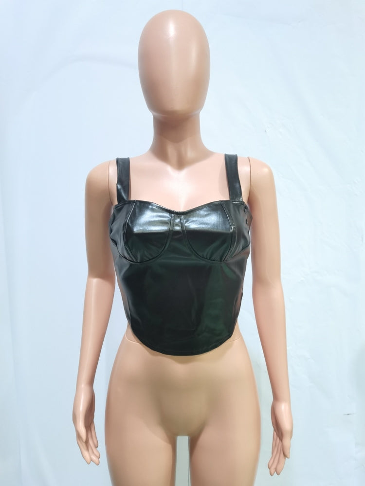 BamBam Spring Fashion Black Pu Leather Zipper Crop Top - BamBam