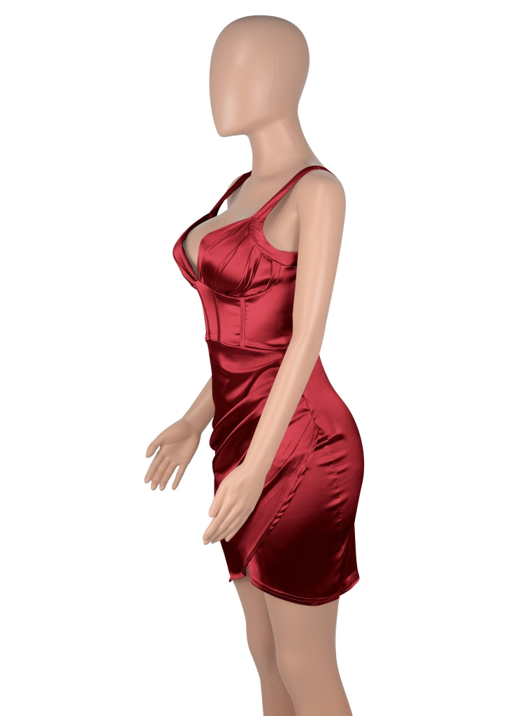 BamBam Women Summer Red Sexy V-neck Sleeveless Solid color Satin Mini Bodycon Dress - BamBam Clothing