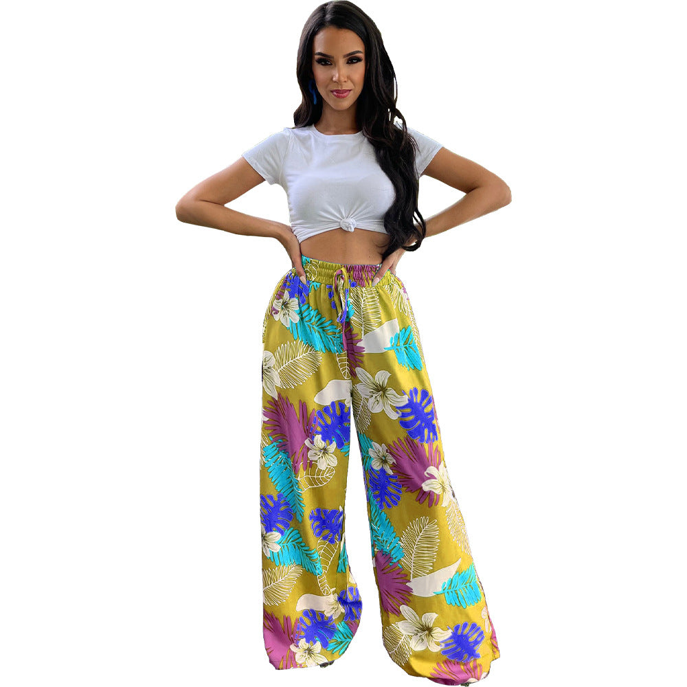 BamBam Women's Fashion Print Drawstring Wide-Leg Pants With Pockets - BamBam