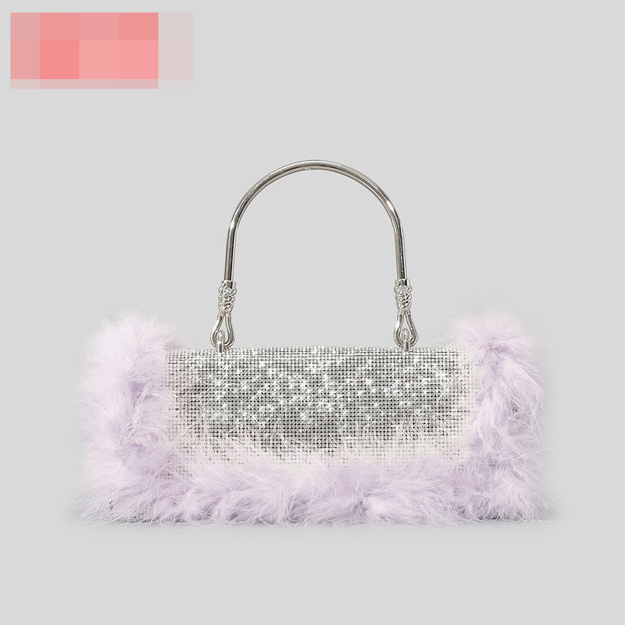 BamBam Ostrich hair rhinestone bag female mink hair inlaid diamond dinner bag full of diamonds shoulder Messenger bag - BamBam