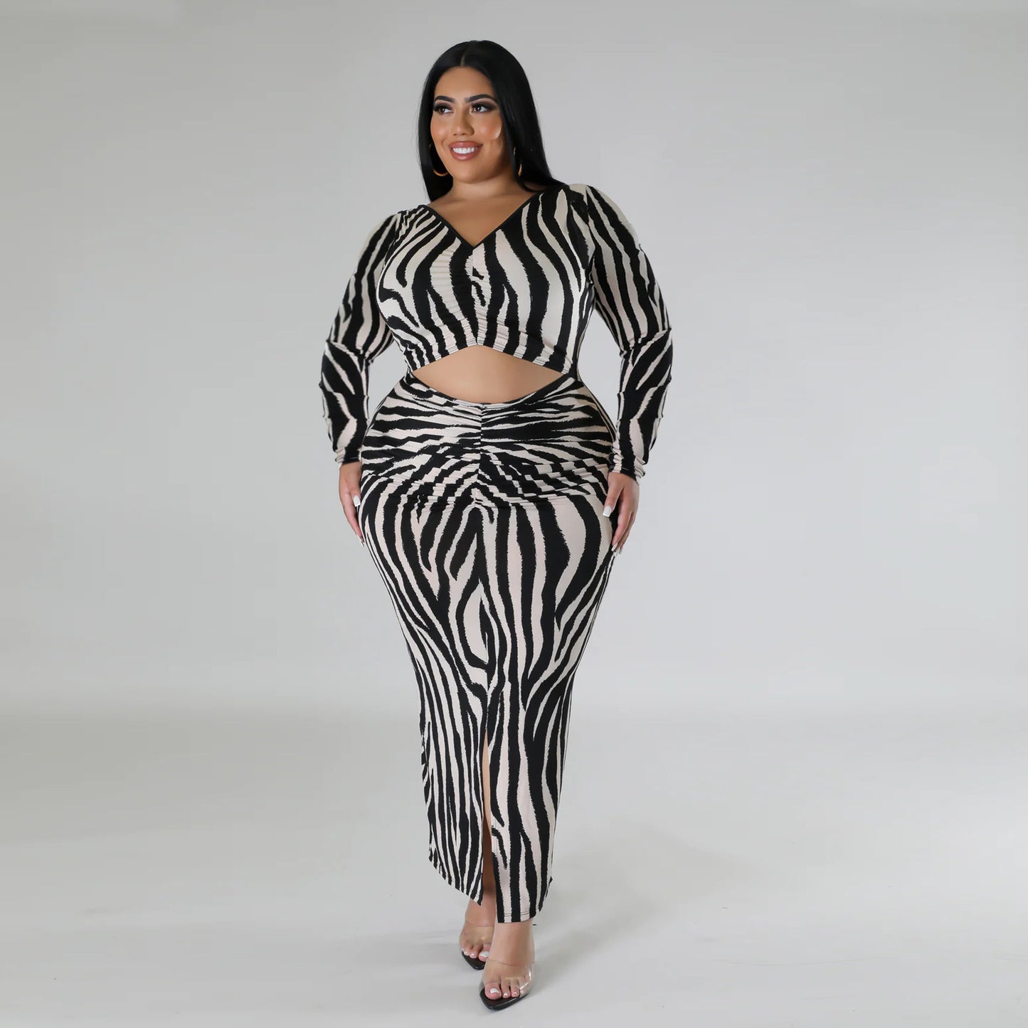 BamBam Plus Size Women Autumn Zebra Print Two-Wear Long Sleeve Dress - BamBam