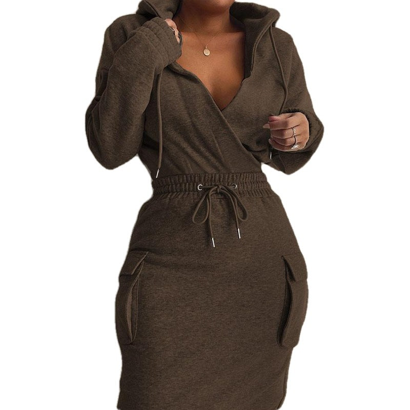 BamBam Women Solid Long Sleeve V Neck Top and Drawstring Skirt Two-piece Set - BamBam