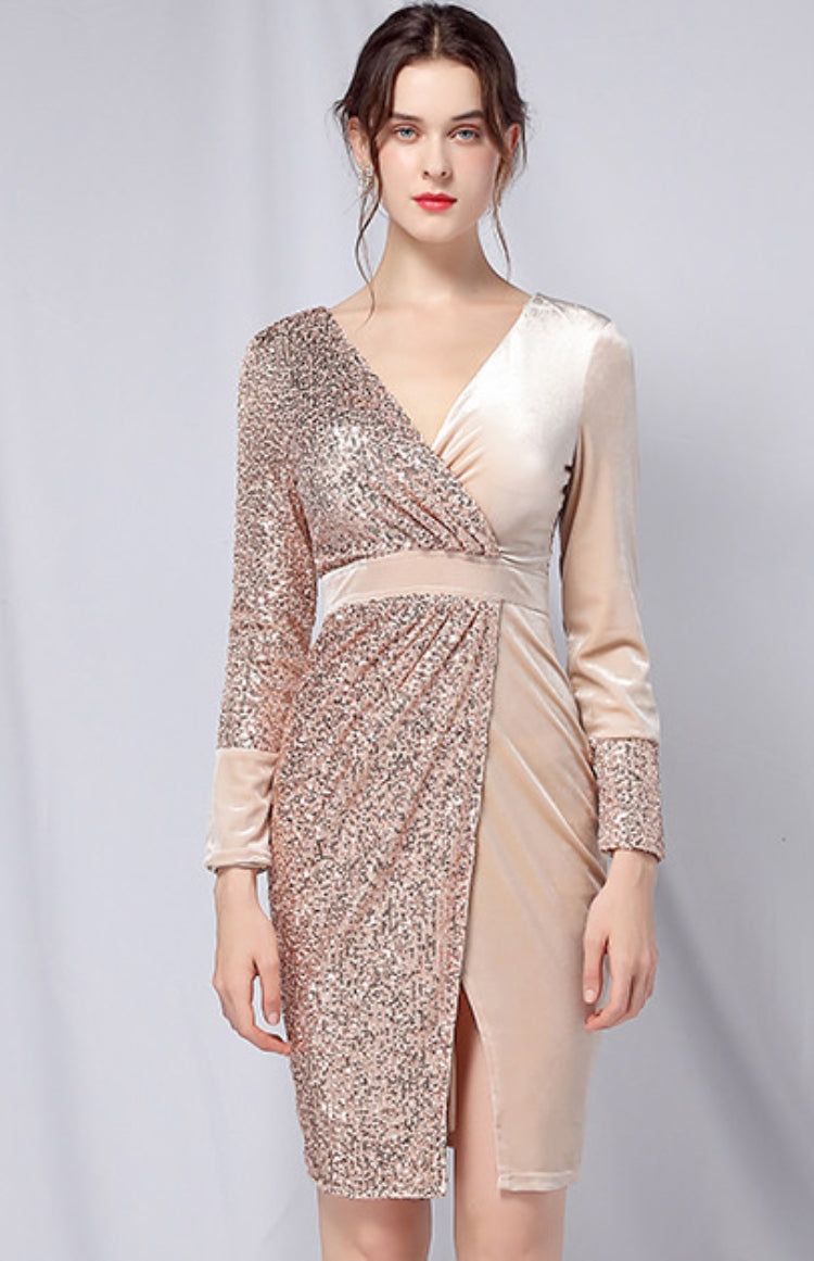 Autumn Formal Gold Patch Sequin Wrap Cocktail Dress