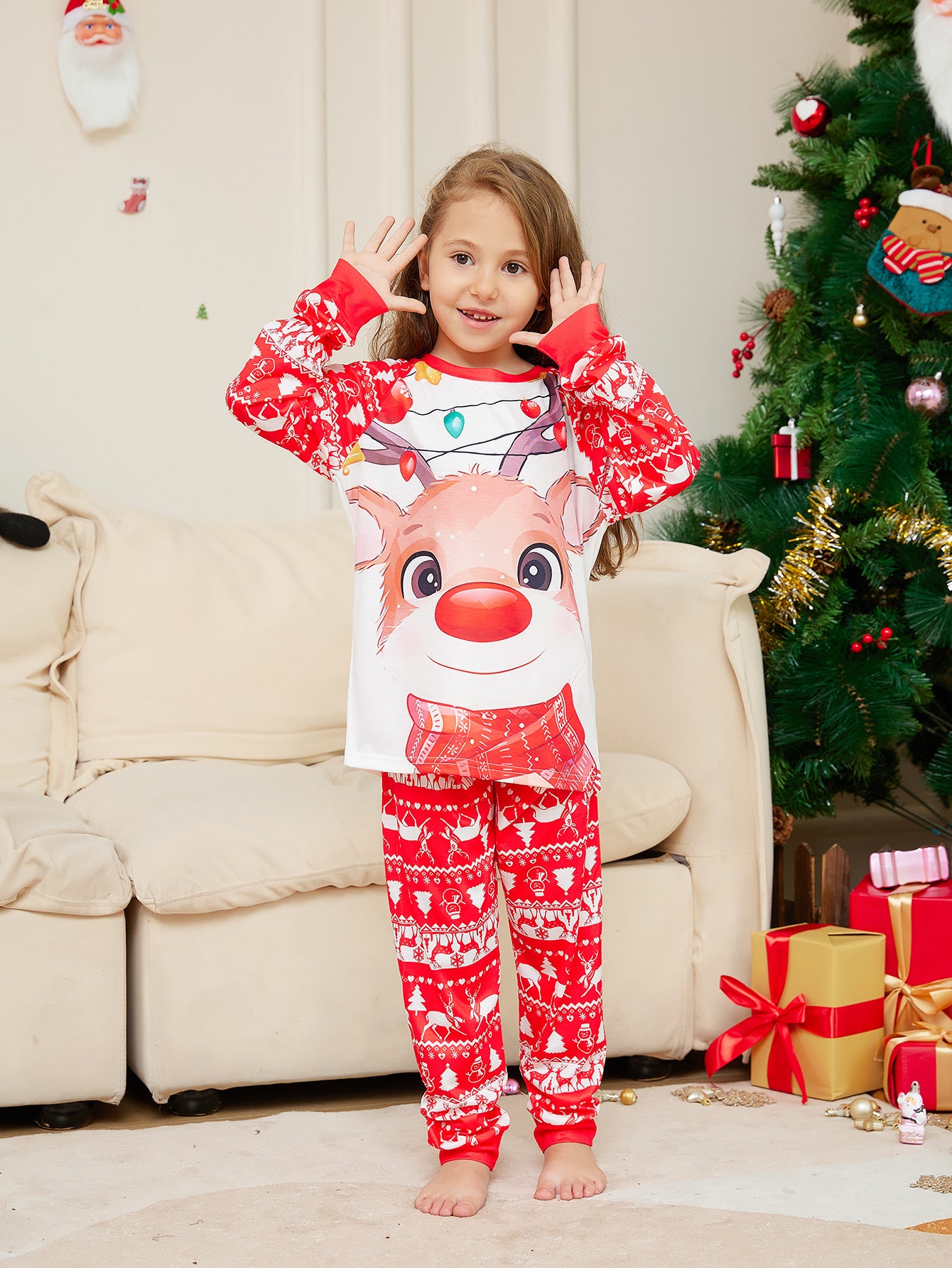 BamBam Christmas parent-child home clothes with deer print Round Neck long-sleeved Family Pajama two-piece set - BamBam