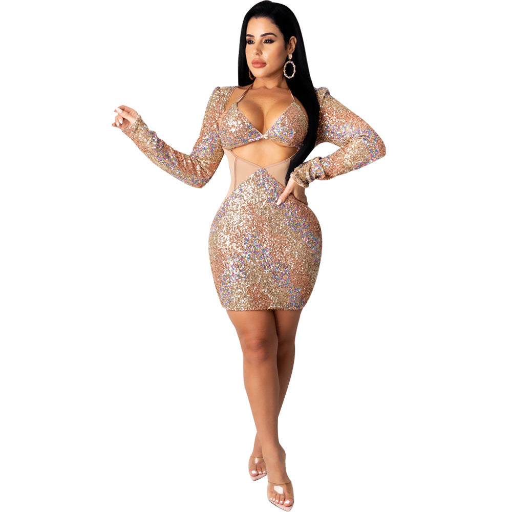 BamBam Sexy Chic Career Print Sequin Long Sleeve Dress Nightclub - BamBam Clothing Clothing
