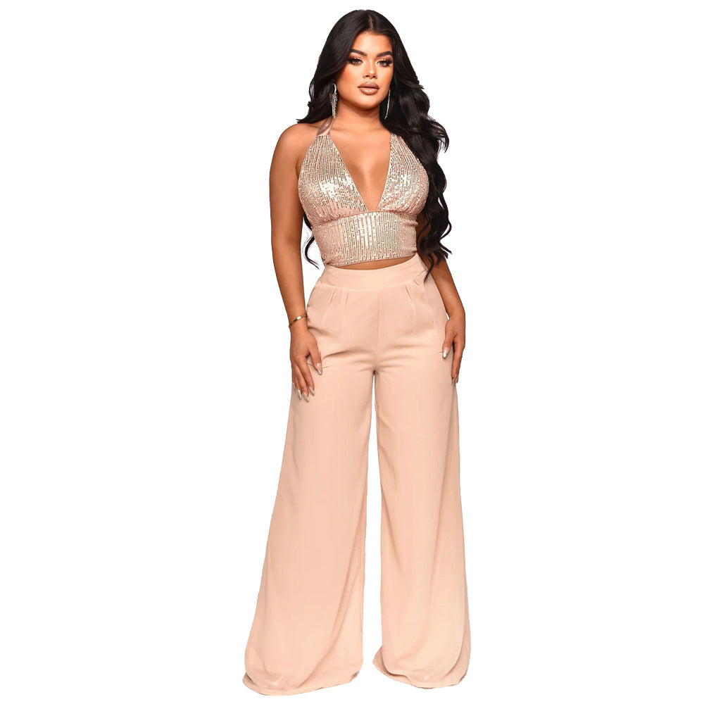 BamBam Sexy Sequined Halter Neck Tank Top Chiffon High-Waisted Straight Pants Two-Piece Set - BamBam