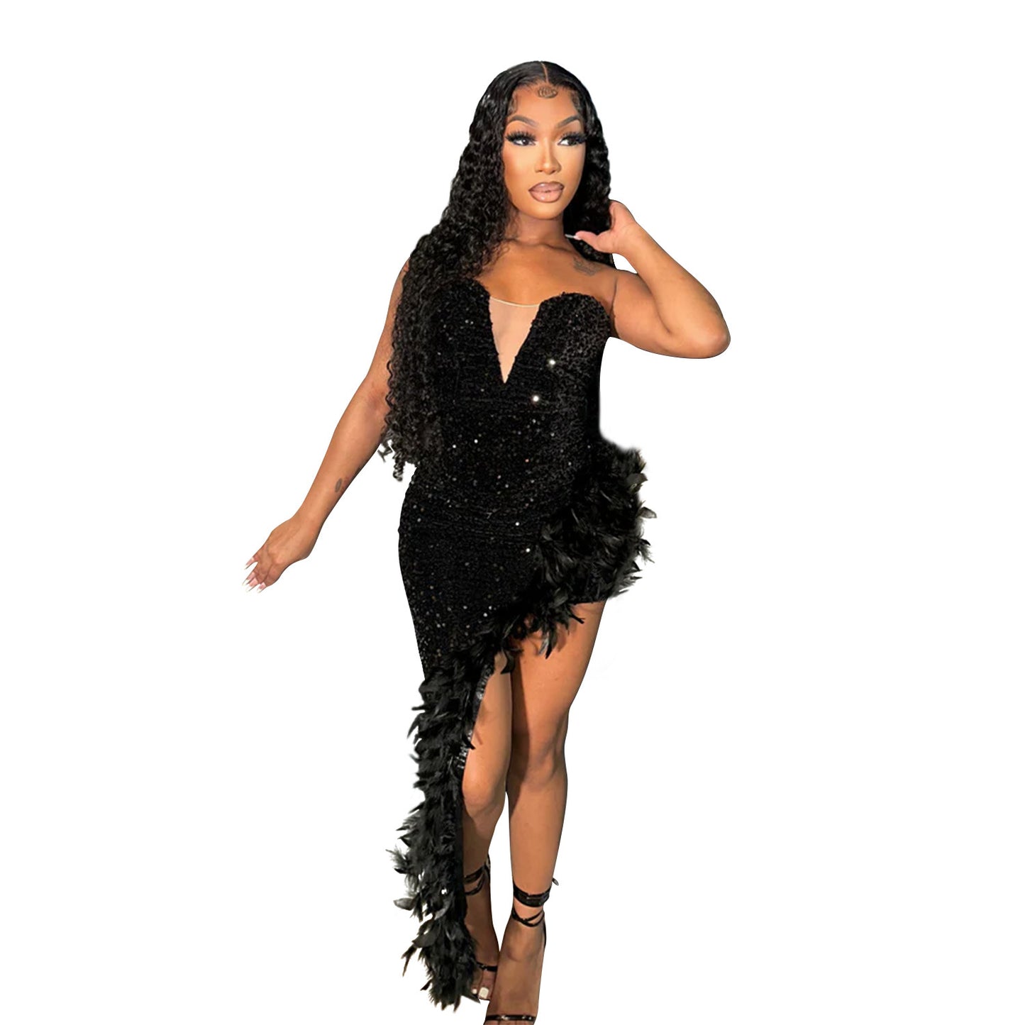 BamBam Women Solid Strapless Backless Sequin Feather Dress - BamBam Clothing Clothing