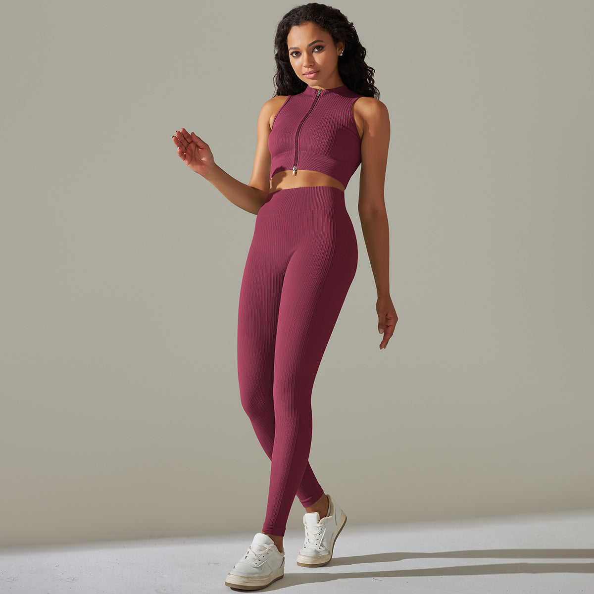 BamBam Seamless Knitting Ribbed Zipper Sports Yoga Clothing Six-Piece Running Fitness Clothing Set - BamBam