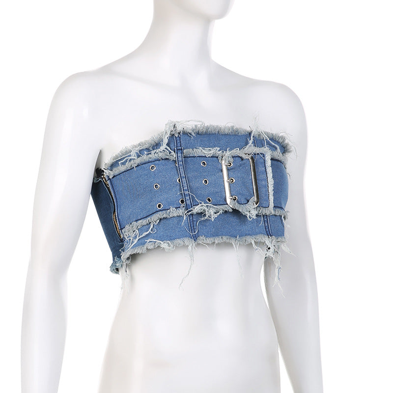 BamBam Denim Patchwork Distressed Strapless Crop Vest High Waist Miniskirt Two Piece Set - BamBam