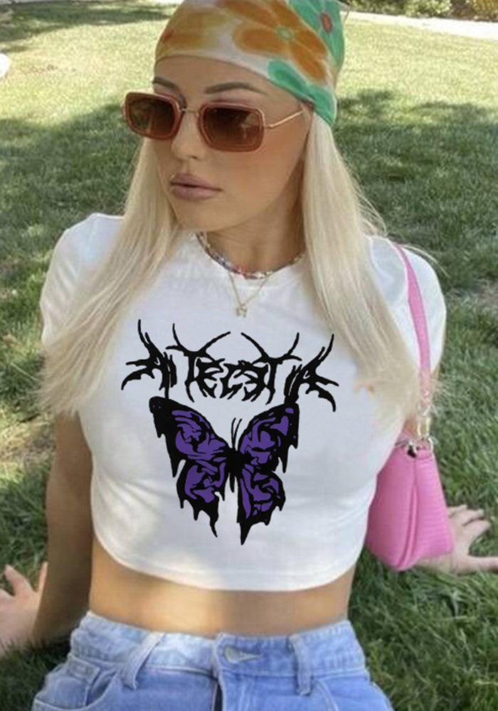 Women Cherry Bomb Butterfly Dark Character Print Crop Short Sleeve Top