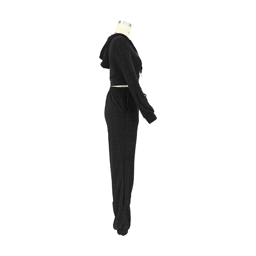 BamBam Women's Autumn And Winter Jacquard Hooded Zipper Long Casual Sports Suit - BamBam