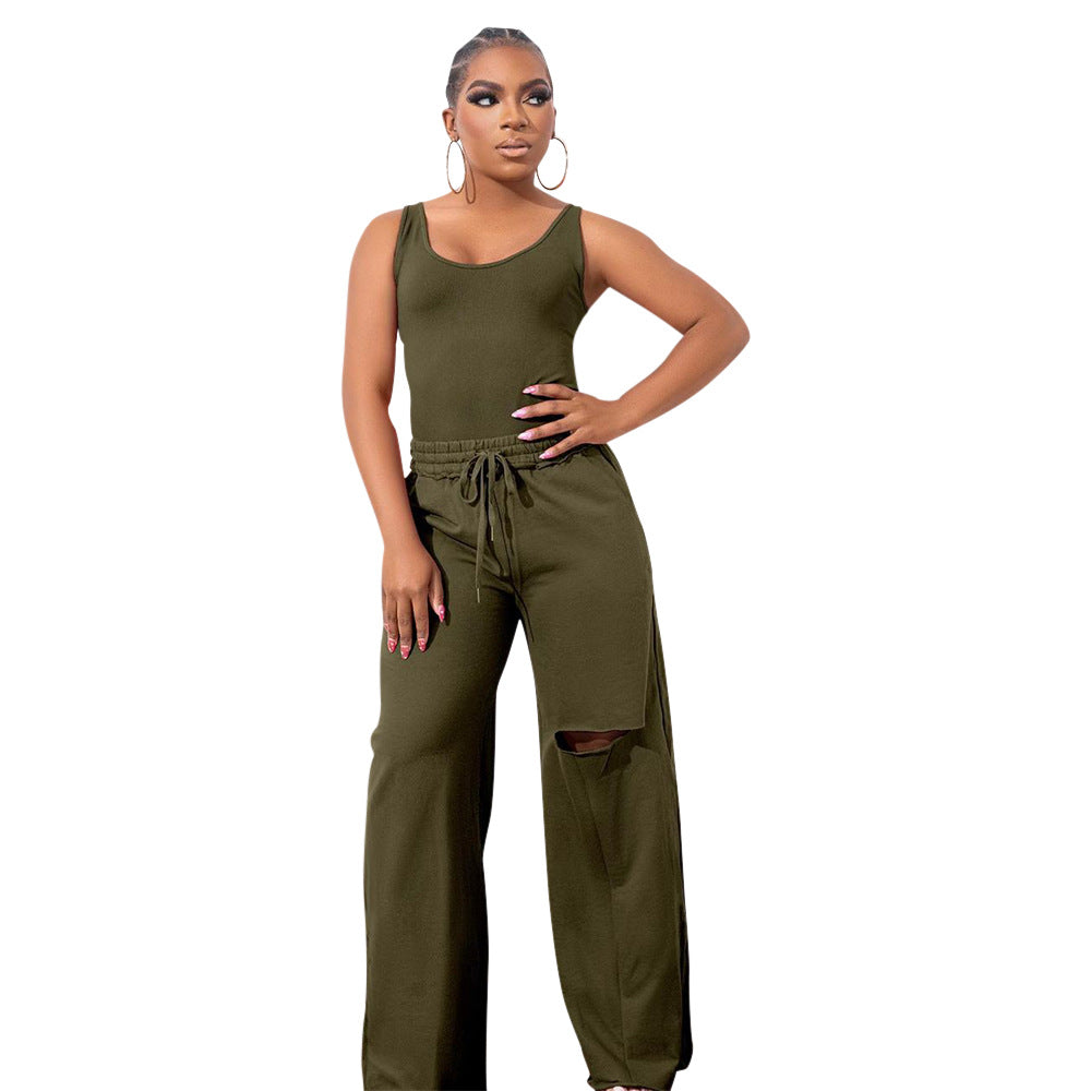 BamBam Plus Size Women Top and Ripped Wide Leg Pants Set of Two - BamBam