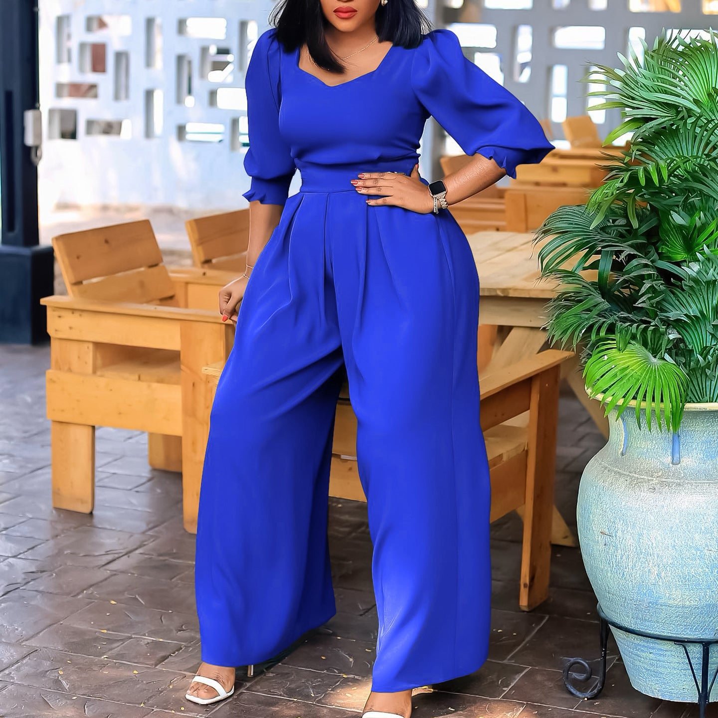 BamBam Plus Size African Women Long Sleeve Solid Loose Wide Leg Jumpsuit - BamBam Clothing