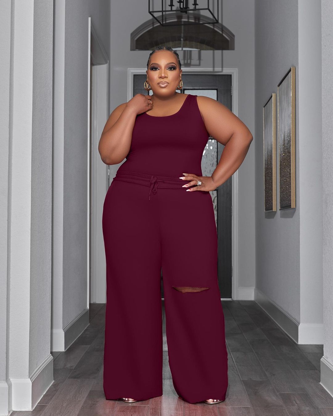 BamBam Plus Size Women Top and Ripped Wide Leg Pants Set of Two - BamBam