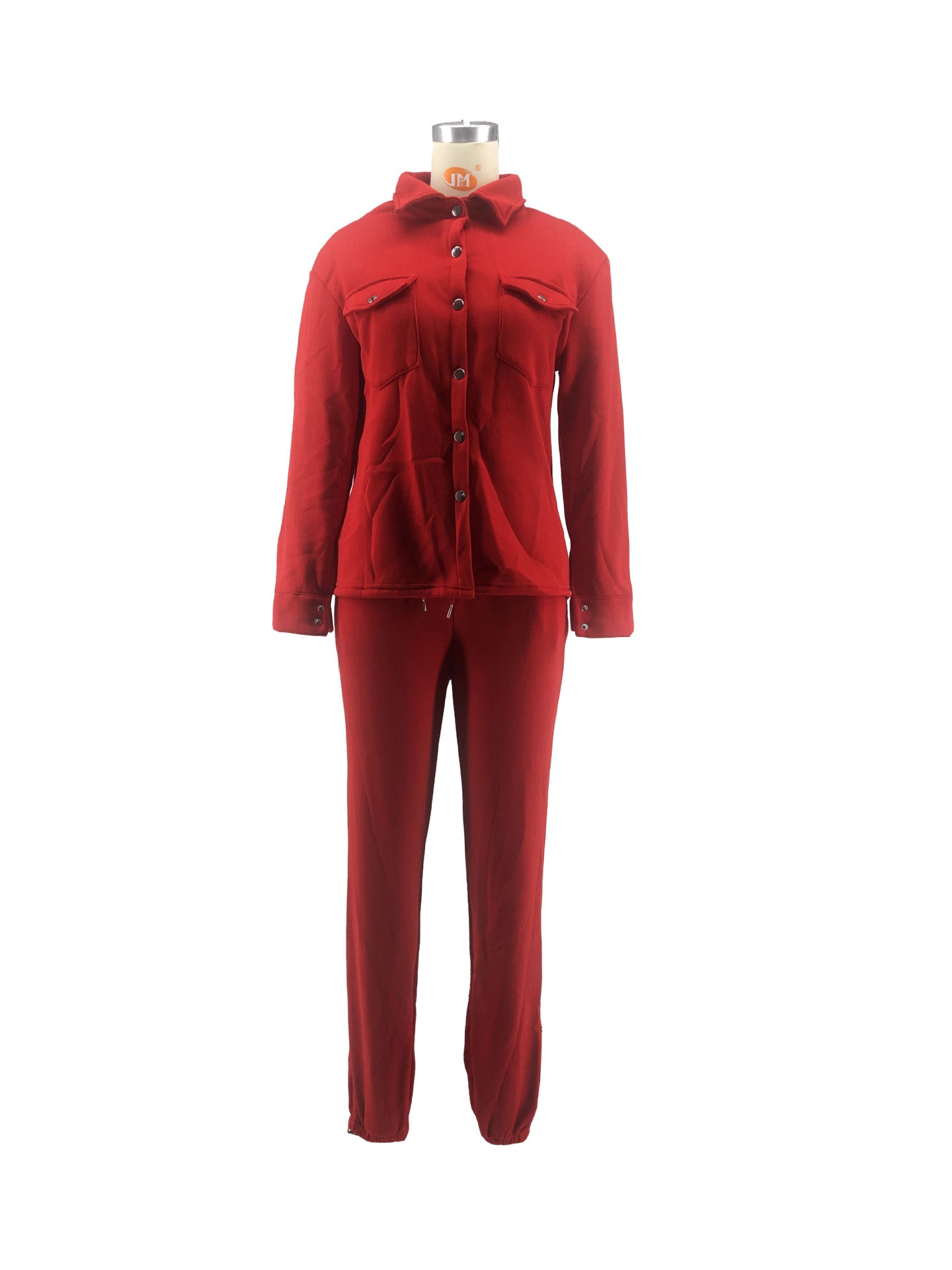 BamBam Women Autumn and Winter Solid Stretch Button-Down Shirt and Pants Two-piece Set - BamBam