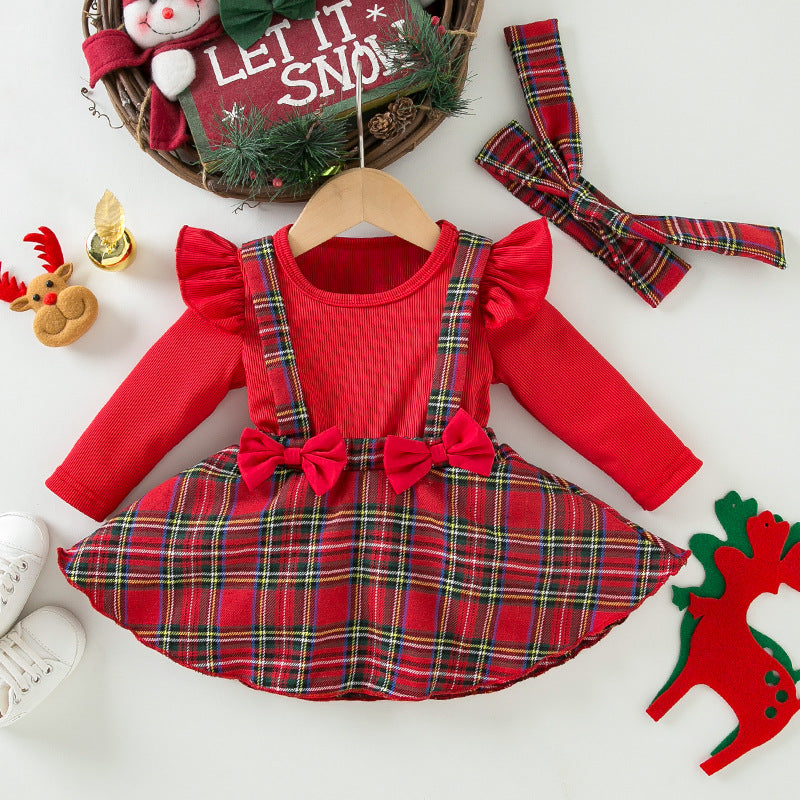 BamBam Baby Christmas Newborn Clothes Baby Long-Sleeved Fake Two-Piece Bow Plaid Dress - BamBam