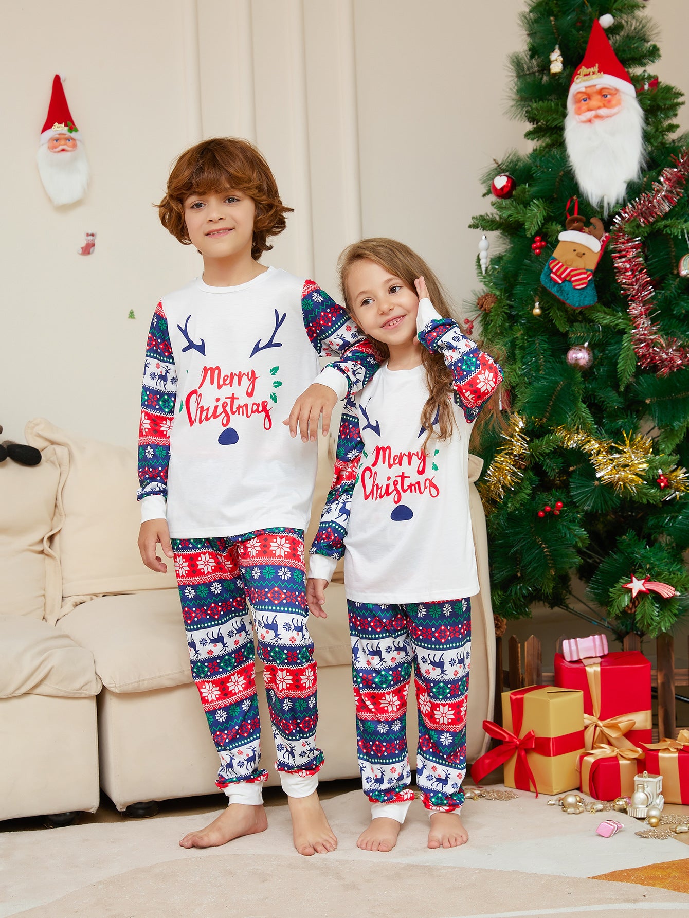 BamBam Christmas Cartoon Letter Antler Print Family Pajama Two Piece Set - BamBam