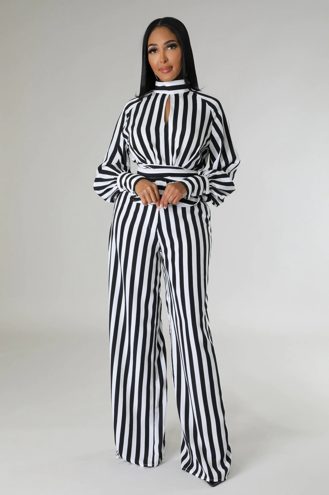 BamBam Women's Striped Printed Long-Sleeved Top Loose Wide-Leg Pants Two-Piece Set - BamBam