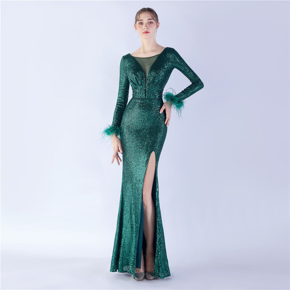 BamBam Women Elegant Ostrich Feather Long Sleeve Sequined Formal Party Evening Dress - BamBam Clothing