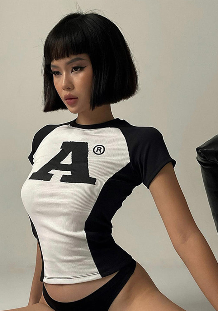 Street trend sexy letter print black and white contrast color short sleeve top women's summer T-shirt