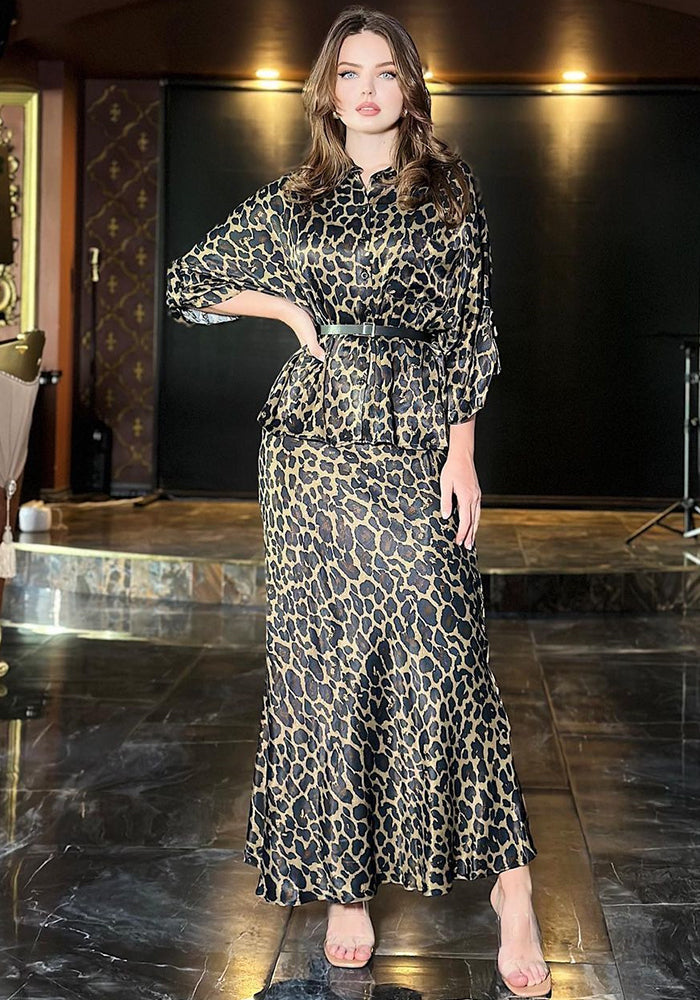 Muslim Women's  Autumn Fashion Leopard Print Long Sleeve Shirt Skirt Two Piece Set