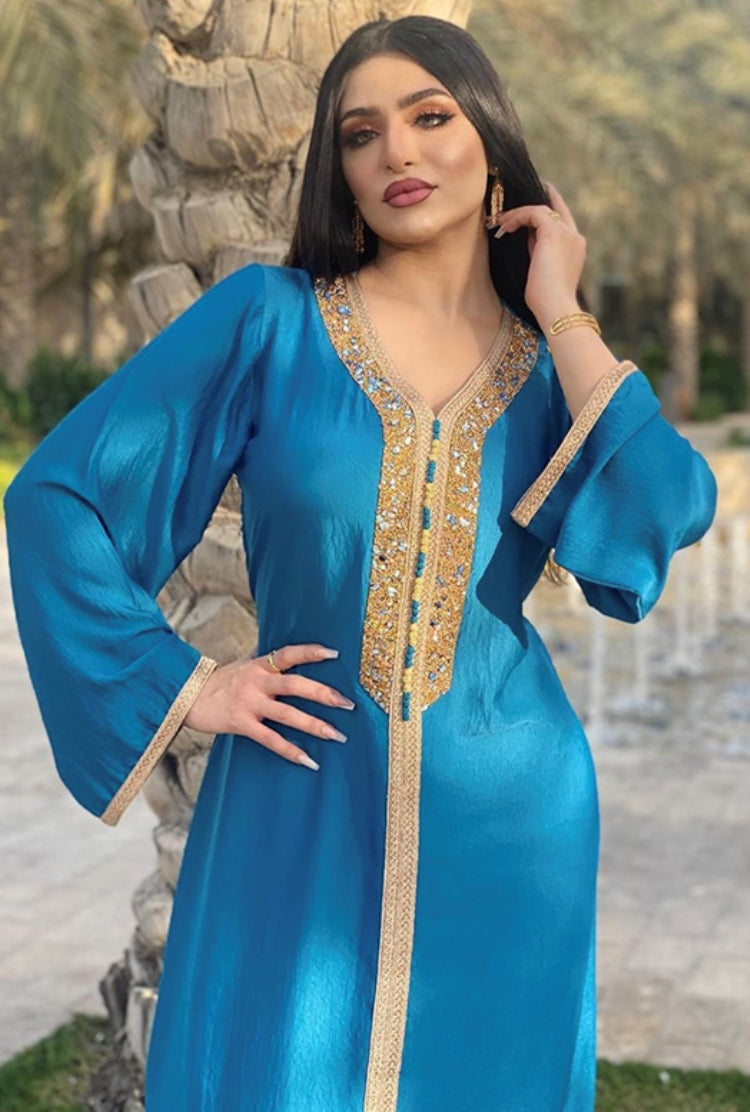 BamBam Arab Dubai Arab Middle East Turkey Morocco Islamic Clothing Kaftan Abaya Embroided Muslim Dress Blue - BamBam