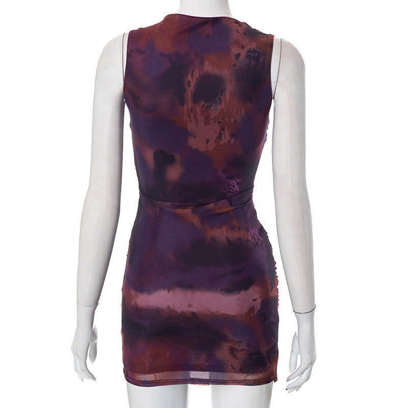 BamBam Women's Summer Round Sleeveless Tie Dye Mesh Dress - BamBam Clothing