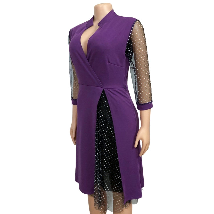 BamBam Autumn Plus Size Formal Mesh Patch Polka Dot Purple Knee-Length Office Dress - BamBam